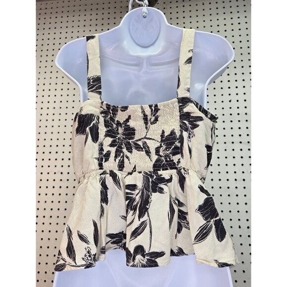 Monteau Linen Blend Black and Cream Floral Peplum Top With Buttons XL - Picture 4 of 6